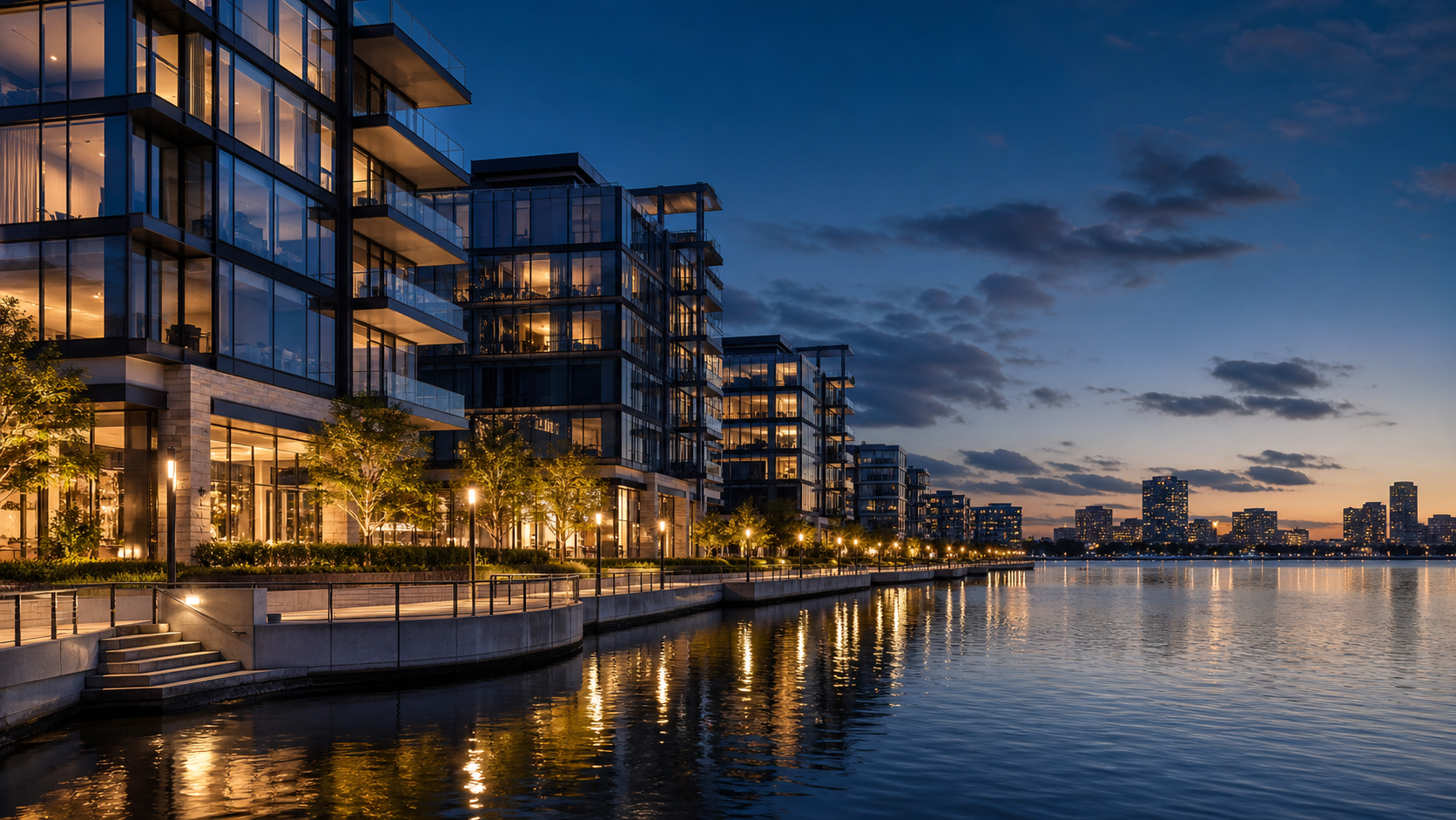 Premium waterfront real estate development at dusk