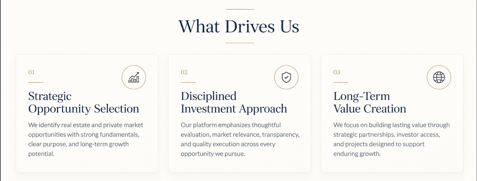 What Drives Us: strategic opportunity selection, disciplined investment approach, and long-term value creation