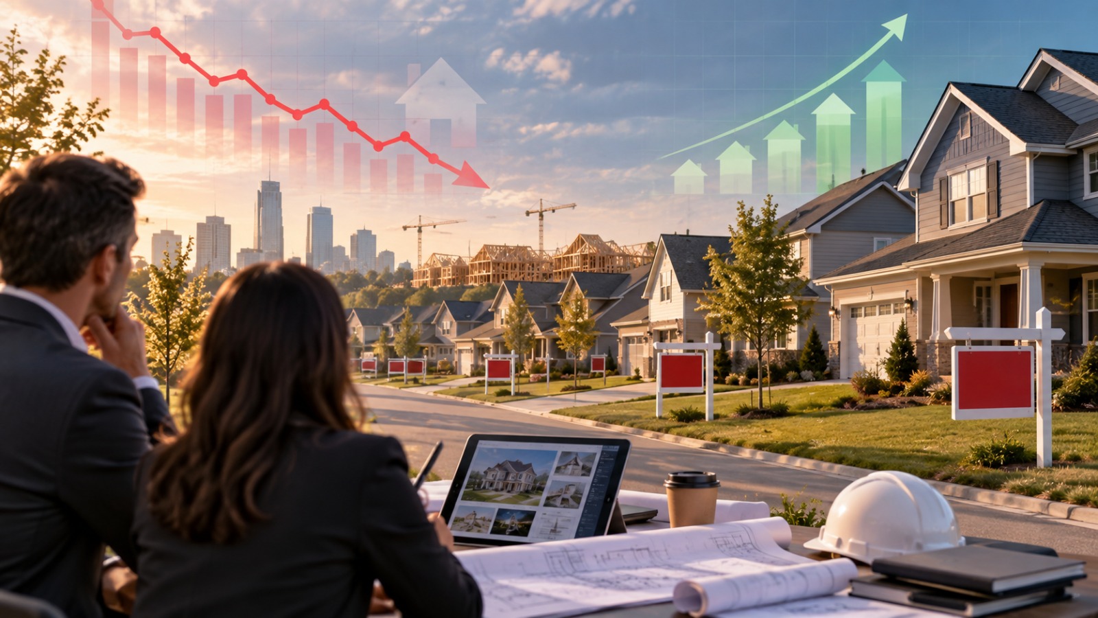 Homes, investors, construction, and real estate market charts — conceptual illustration