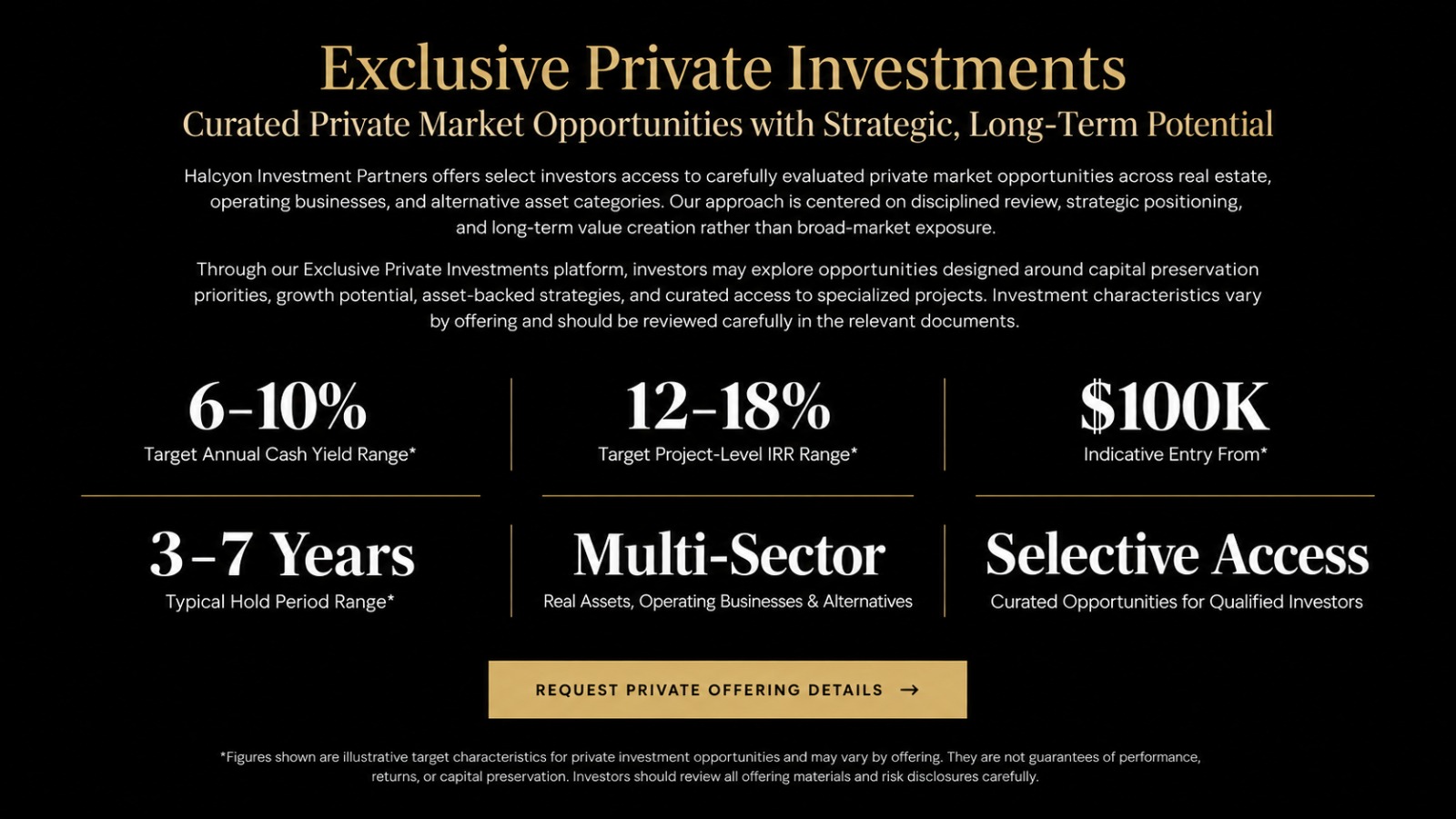 Exclusive Private Investments overview, target ranges, access details, and risk notice